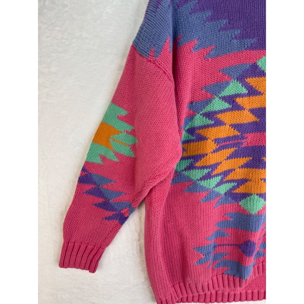 Vintage 1989 I.B. Diffusion Pink Geometric Intarsia Ramie Cotton Sweater Medium - Picture 2 of 10